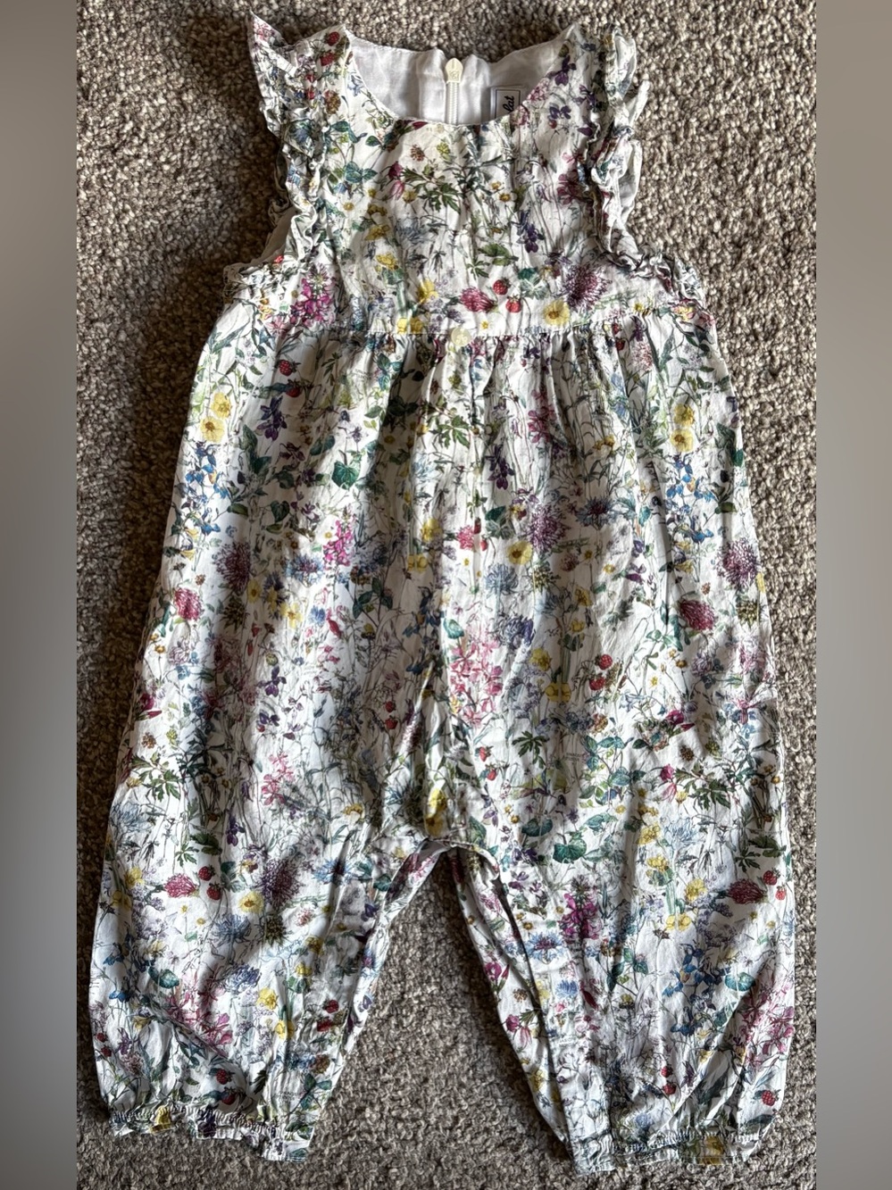 Tartine et Chocolat White Floral Girls' Romper with Ruffle Shoulders